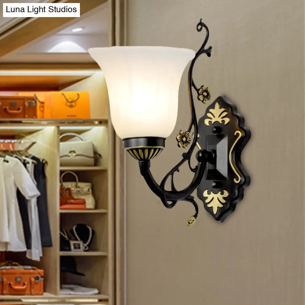 Vintage Style Bell Living Room Wall Light Sconce - Black Metal Lamp With White Glass Shade (1/2