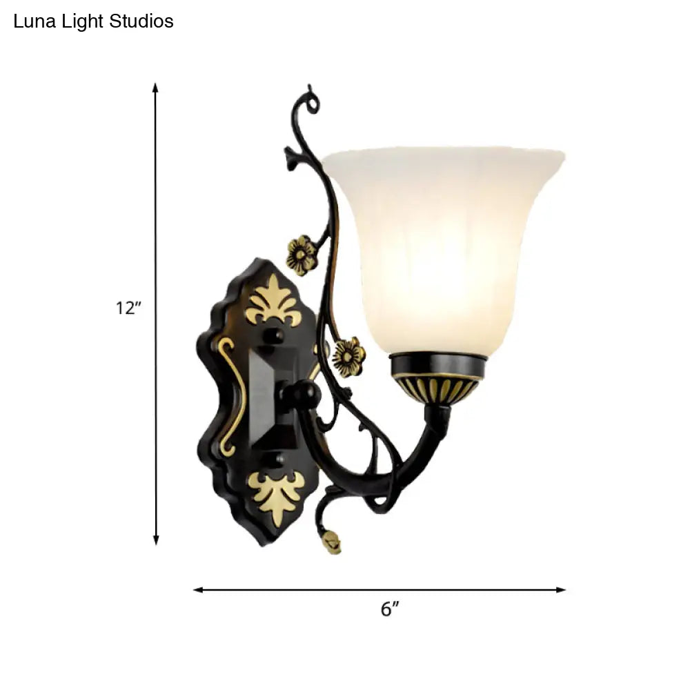 Vintage Style Bell Living Room Wall Light Sconce - Black Metal Lamp With White Glass Shade (1/2