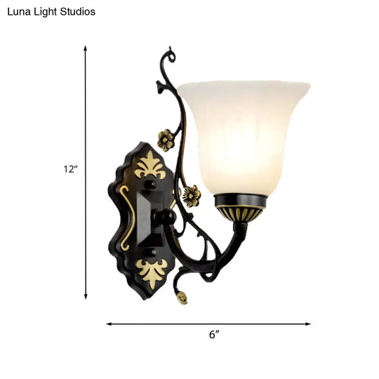 Vintage Style Bell Living Room Wall Light Sconce - Black Metal Lamp With White Glass Shade (1/2