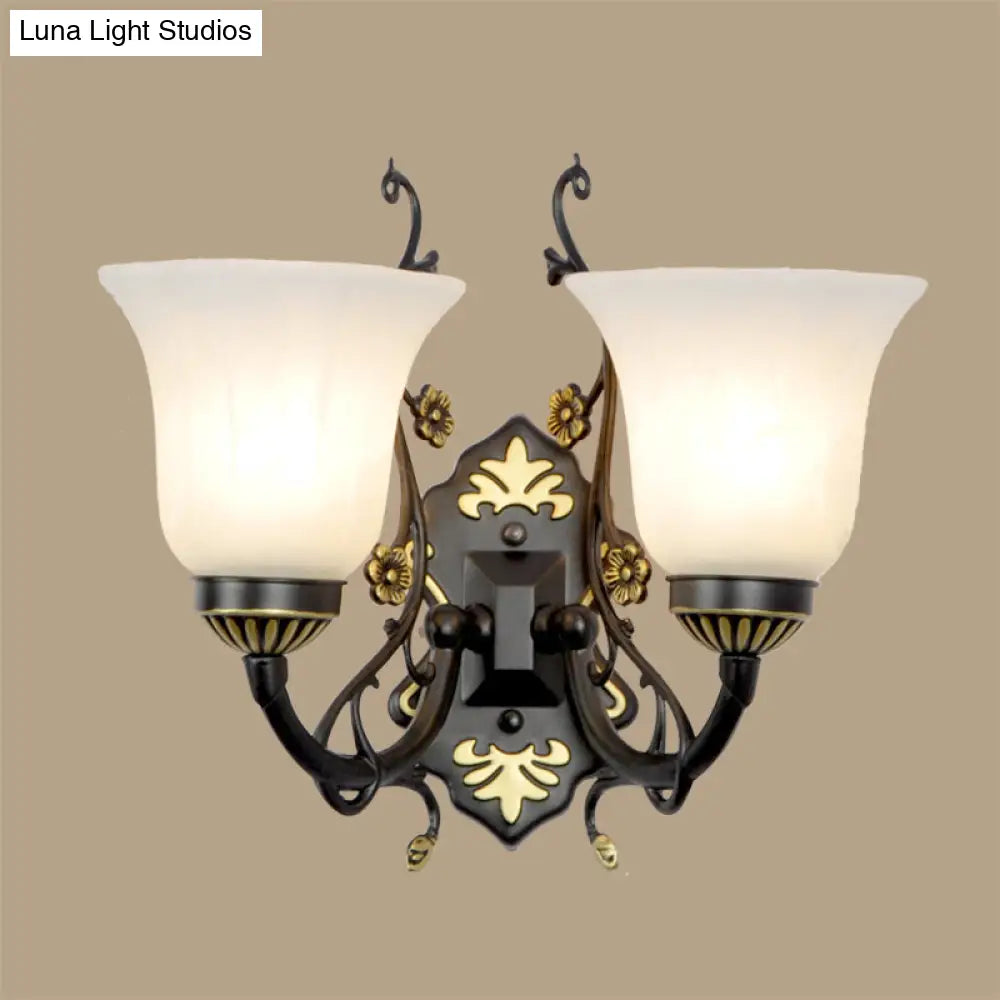 Vintage Style Bell Living Room Wall Light Sconce - Black Metal Lamp With White Glass Shade (1/2