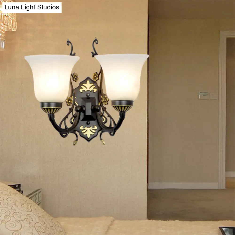 Vintage Style Bell Living Room Wall Light Sconce - Black Metal Lamp With White Glass Shade (1/2