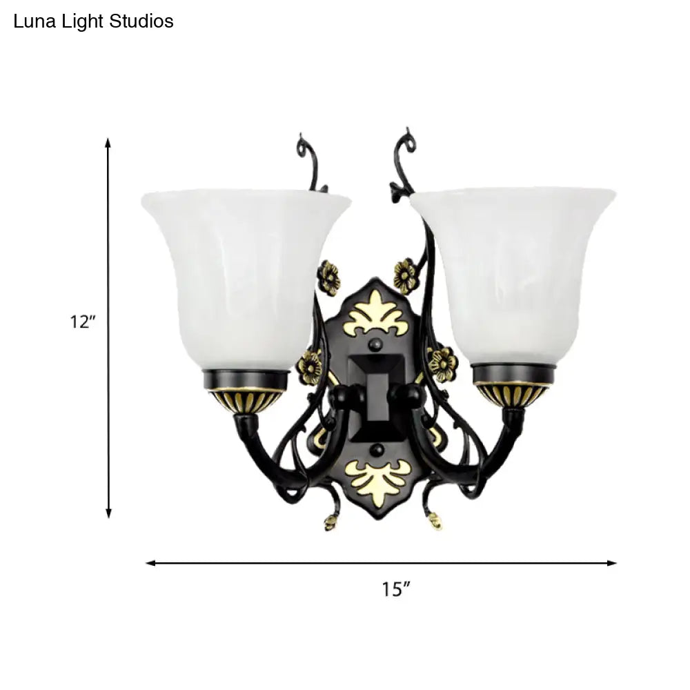 Vintage Style Bell Living Room Wall Light Sconce - Black Metal Lamp With White Glass Shade (1/2