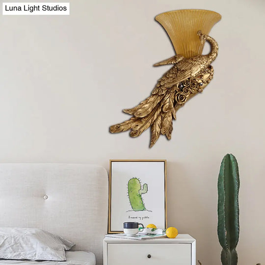 Vintage Style Bell Yellow Glass Wall Sconce With Golden Peacock Design - Left/Right