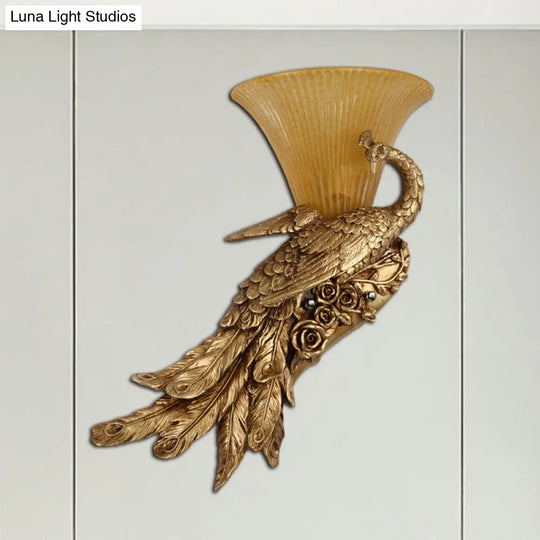 Vintage Style Bell Yellow Glass Wall Sconce With Golden Peacock Design - Left/Right