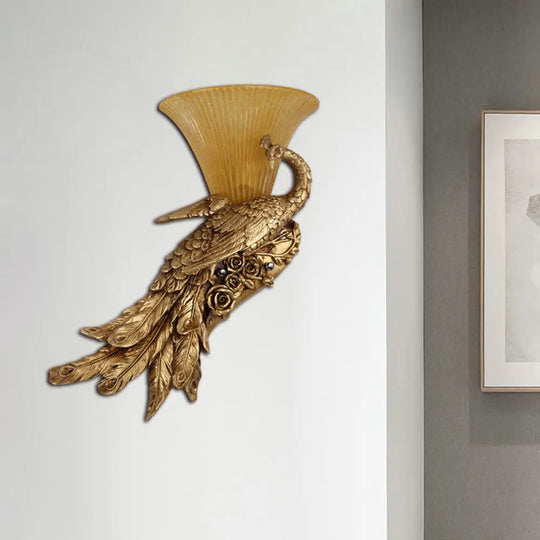 Vintage Style Bell Yellow Glass Wall Sconce With Golden Peacock Design - Left/Right Gold / Left