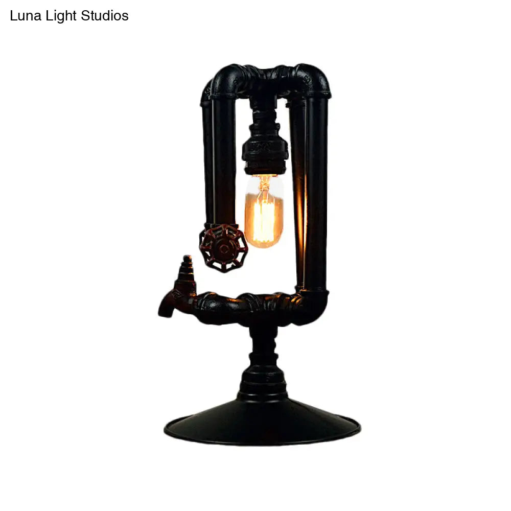 Vintage Style Black 1-Light Desk Lamp With Metallic Crossing Pipe And Water Tap Deco