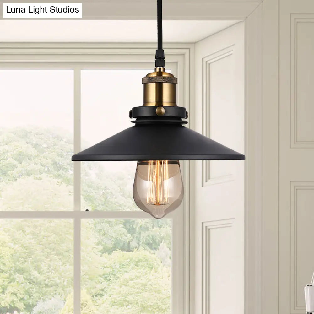 Vintage Style Metallic Black Conic Ceiling Light Fixture With Pulley - 1 Bulb Hanging Pendant For