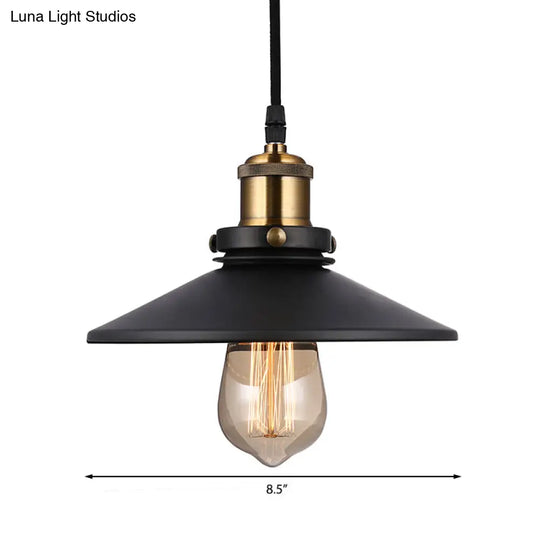 Vintage Style Metallic Black Conic Ceiling Light Fixture With Pulley - 1 Bulb Hanging Pendant For