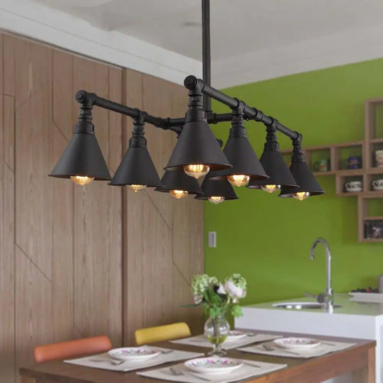 Vintage Style Black Metal Island Chandelier With 8-Light Cone Pendant