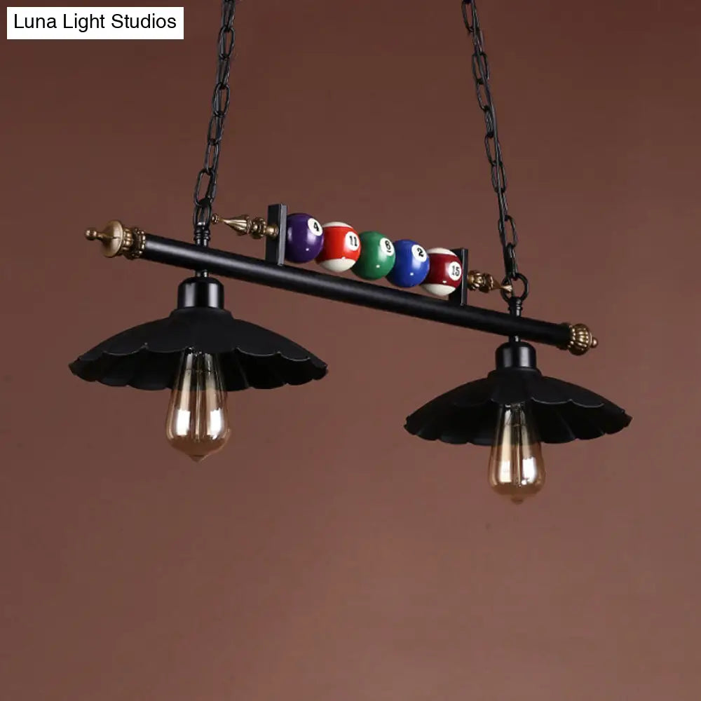 Vintage Style Black Metal Island Chandelier With Ruffled Edge - Ideal For Billiard Room