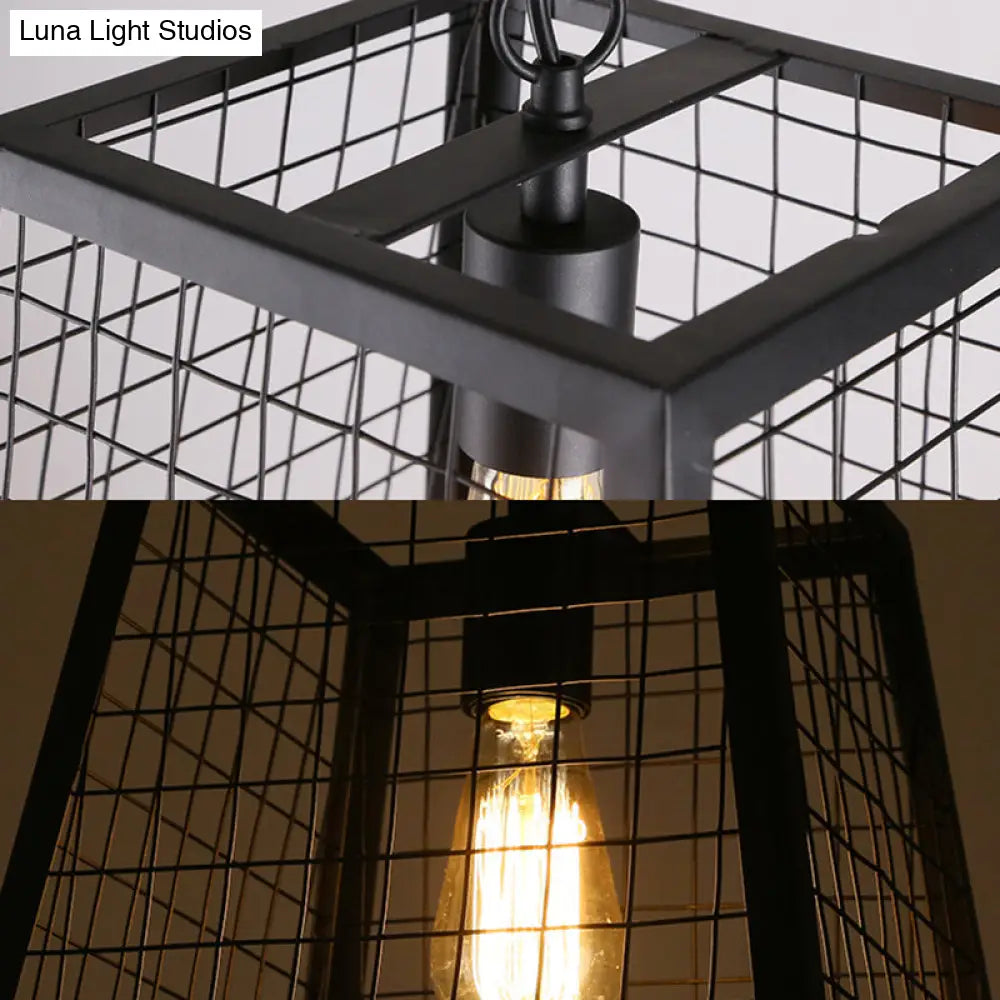 Vintage Style Black Metal Ceiling Pendant Fixture With Mesh Cage Shade