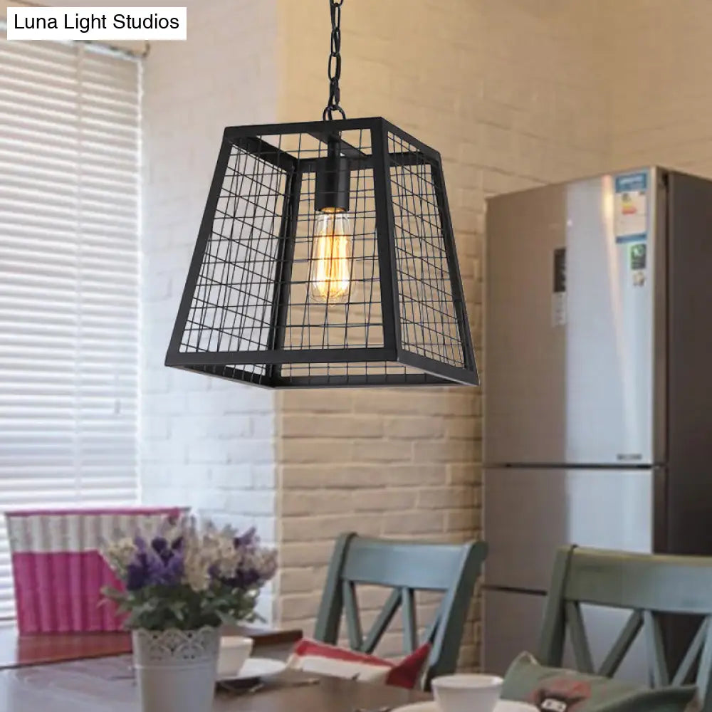 Vintage Style Black Metal Ceiling Pendant Fixture With Mesh Cage Shade