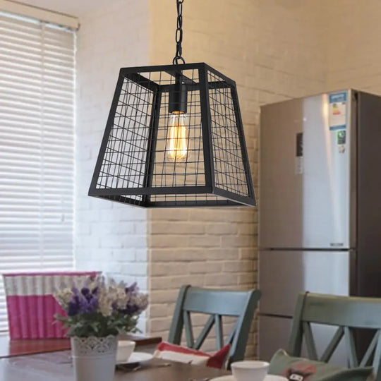 Vintage Style Black Metal Mesh Cage Pendant Light With Trapezoid Bulb Fixture