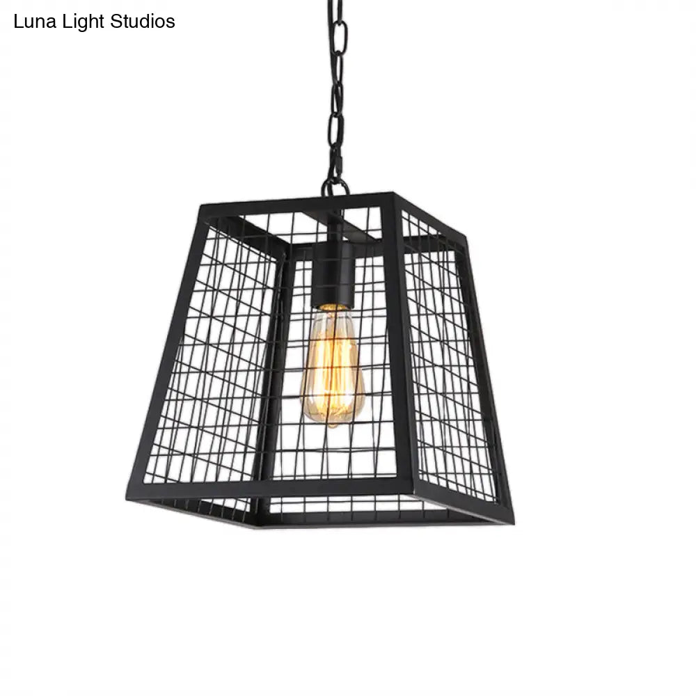 Vintage Style Black Metal Mesh Cage Pendant Light With Trapezoid Bulb Fixture