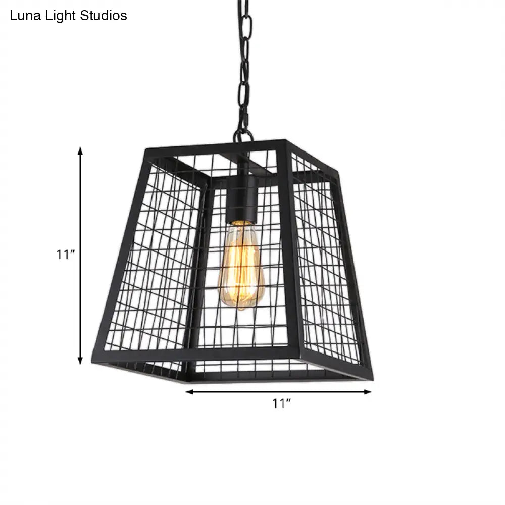 Vintage Style Black Metal Mesh Cage Pendant Light With Trapezoid Bulb Fixture
