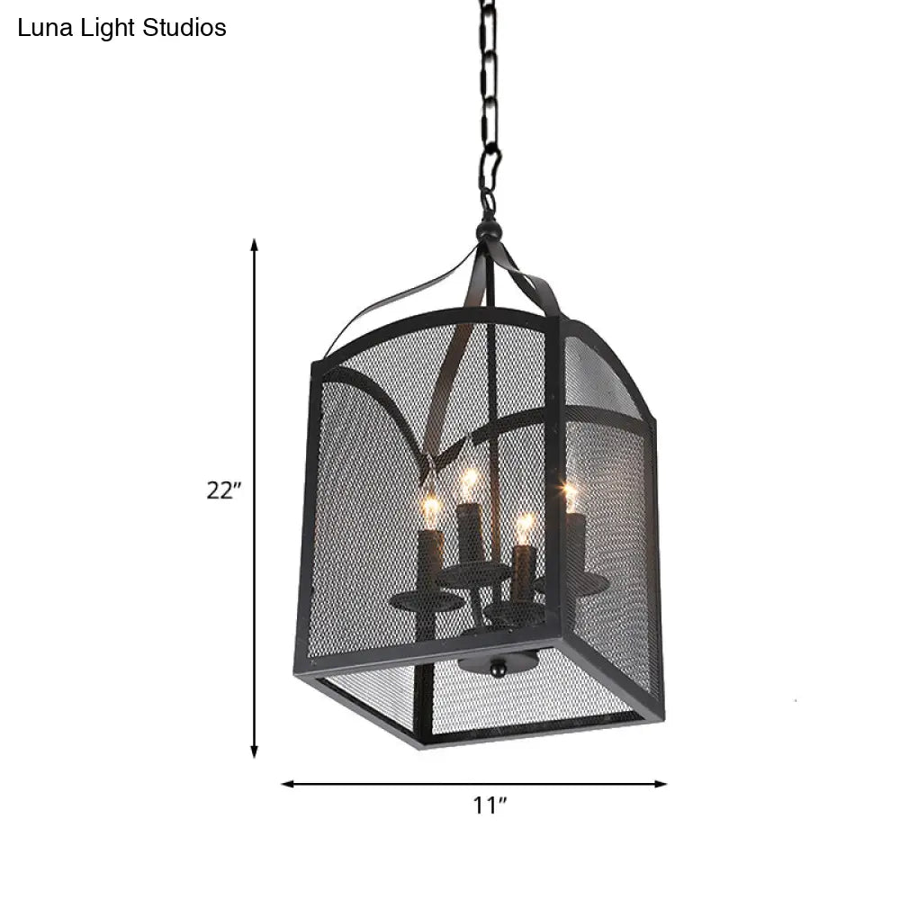 Vintage-Style Black Metal Pendant Ceiling Lamp With Adjustable Caged Mesh Screen - 4/5 Lights