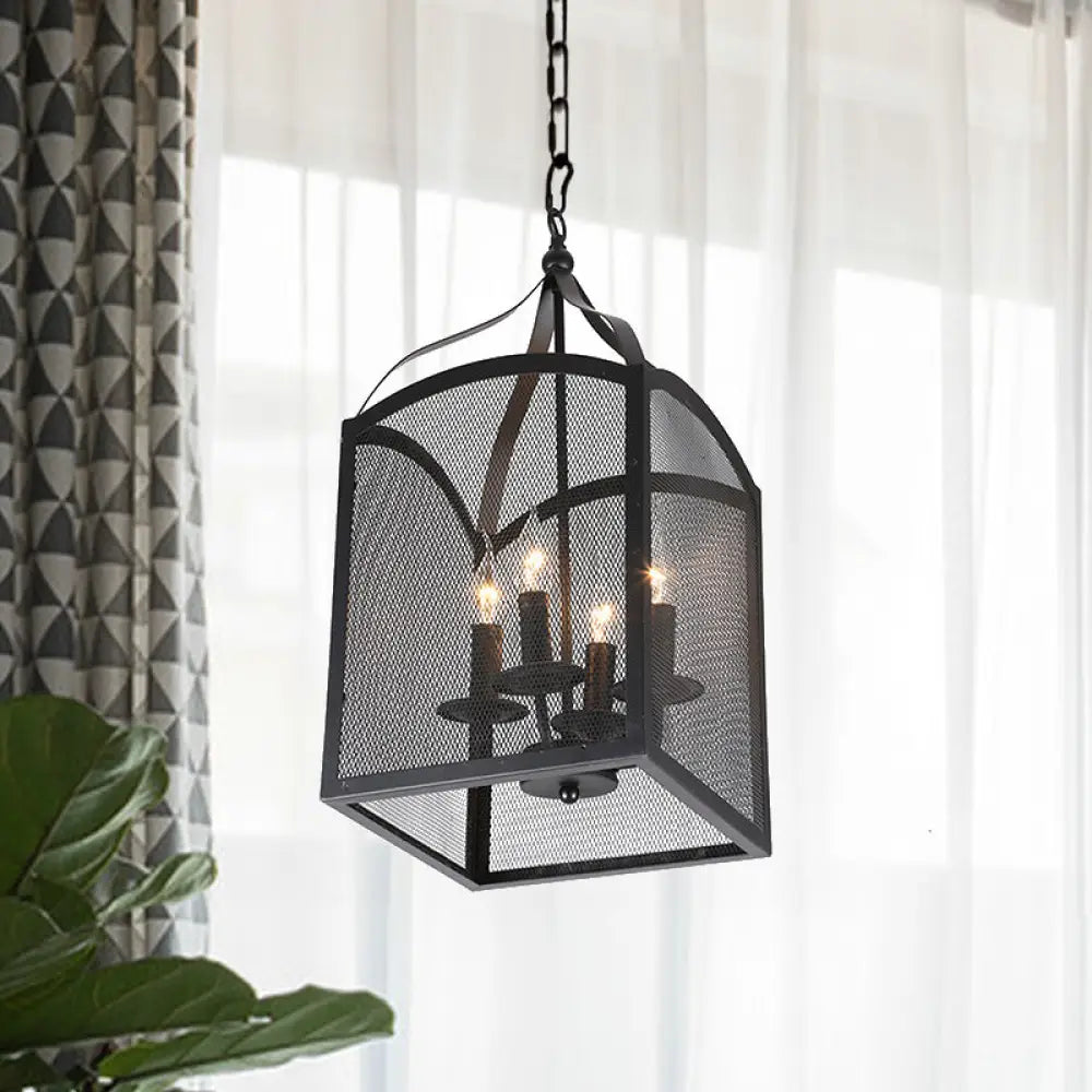 Vintage-Style Black Metal Pendant Ceiling Lamp With Adjustable Caged Mesh Screen - 4/5 Lights 4 /