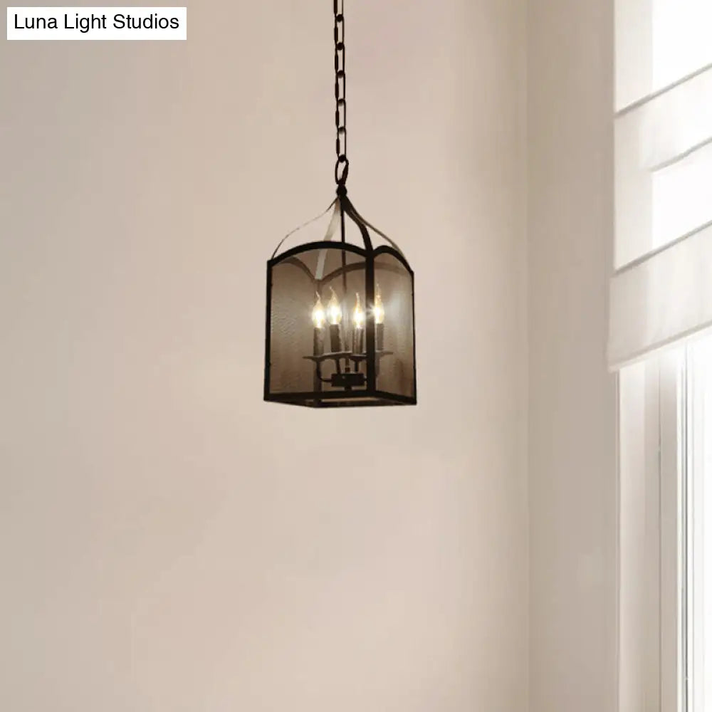 Vintage-Style Black Metal Pendant Ceiling Lamp With Adjustable Caged Mesh Screen - 4/5 Lights