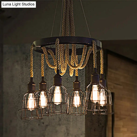 Vintage Style Black Multi-Light Chandelier Pendant With Rope Detail - Metal Global/Bell Cage Lamp