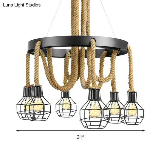 Vintage Style Black Multi-Light Chandelier Pendant With Rope Detail - Metal Global/Bell Cage Lamp