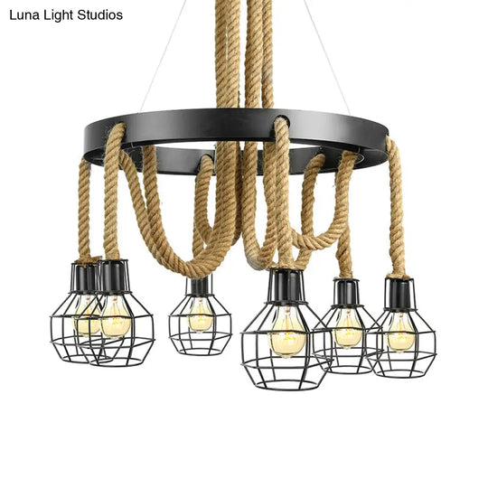 Vintage Style Black Multi-Light Chandelier Pendant With Rope Detail - Metal Global/Bell Cage Lamp