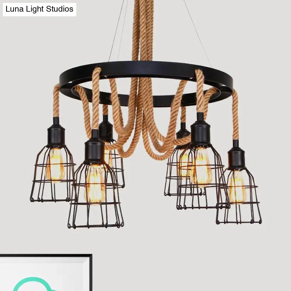 Vintage Style Black Multi-Light Chandelier Pendant With Rope Detail - Metal Global/Bell Cage Lamp