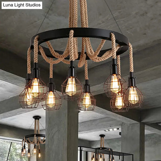 Vintage Style Black Metal Chandelier Pendant With Multi Lights And Rope - Global/Bell Cage Design /