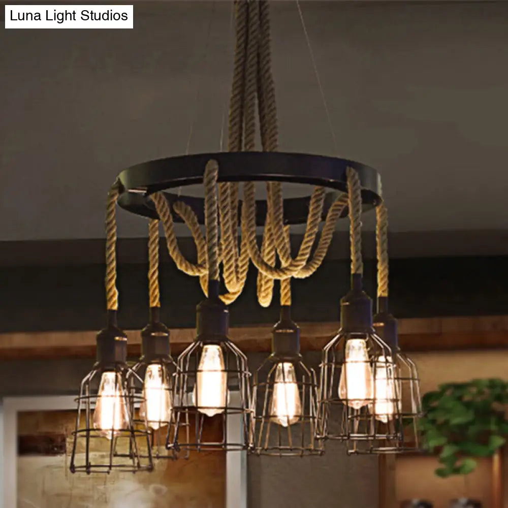 Vintage Style Black Metal Chandelier Pendant With Multi Lights And Rope - Global/Bell Cage Design /