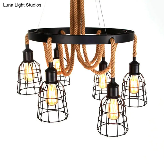 Vintage Style Black Metal Chandelier Pendant With Multi Lights And Rope - Global/Bell Cage Design