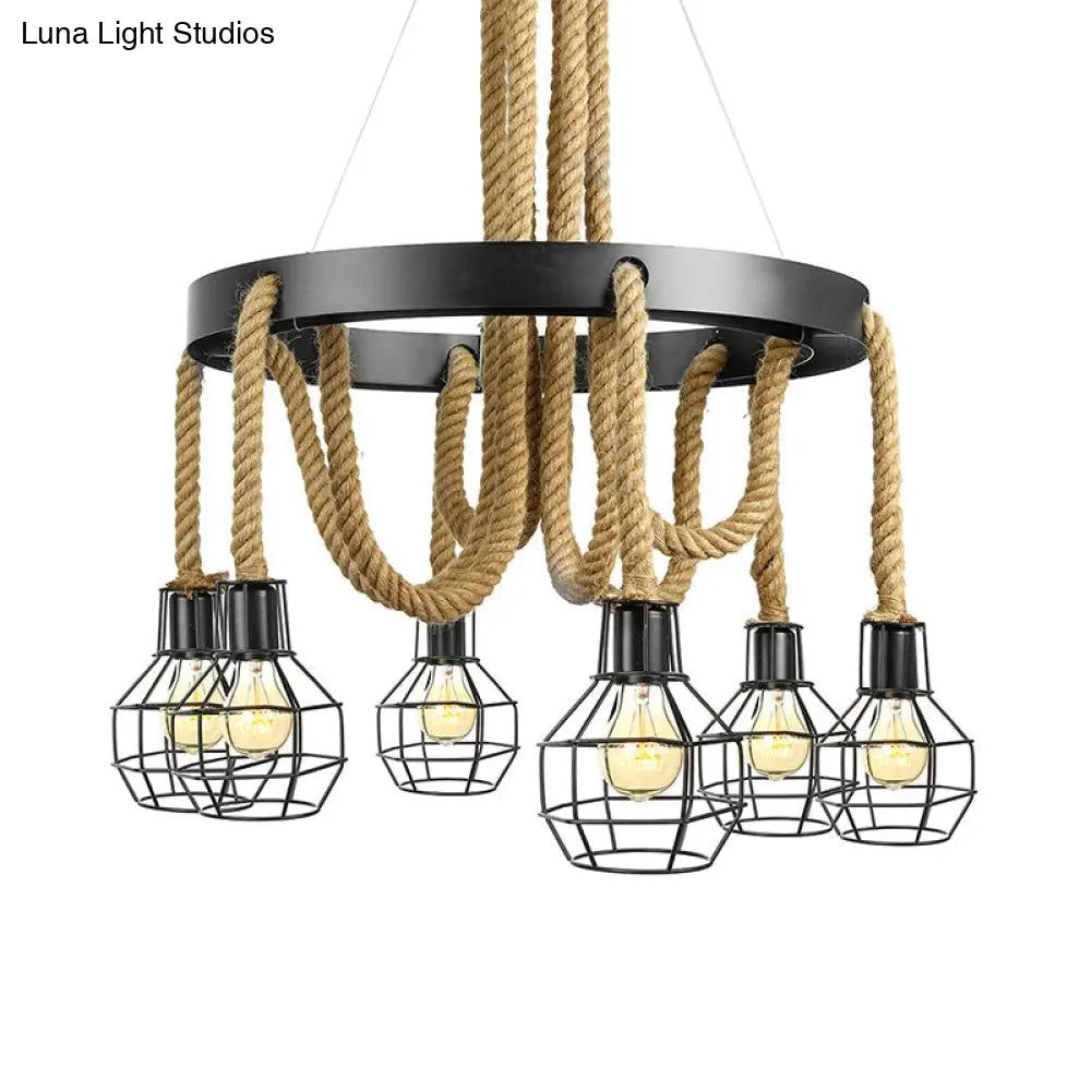 Vintage Style Black Metal Chandelier Pendant With Multi Lights And Rope - Global/Bell Cage Design