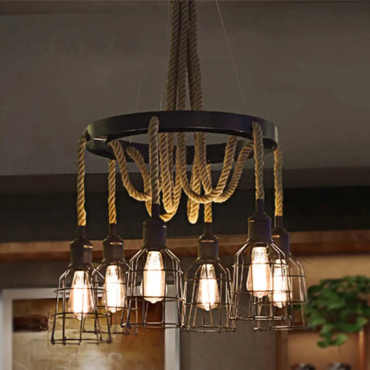 Vintage Style Black Multi-Light Chandelier Pendant With Rope Detail - Metal Global/Bell Cage Lamp /