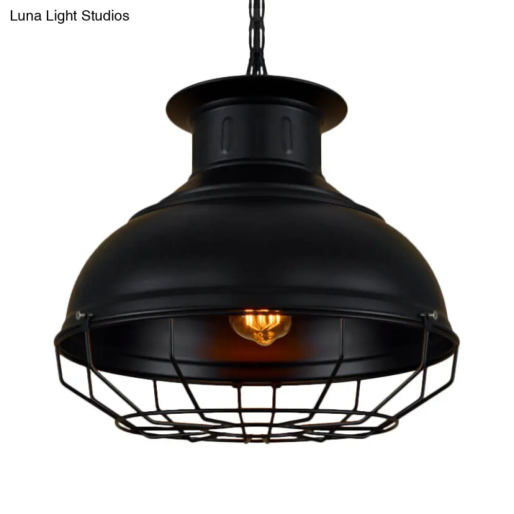Vintage Style 1-Light Pendant Lamp: Black/Rust Bowl Shade With Wire Cage Coffee Shop Ceiling