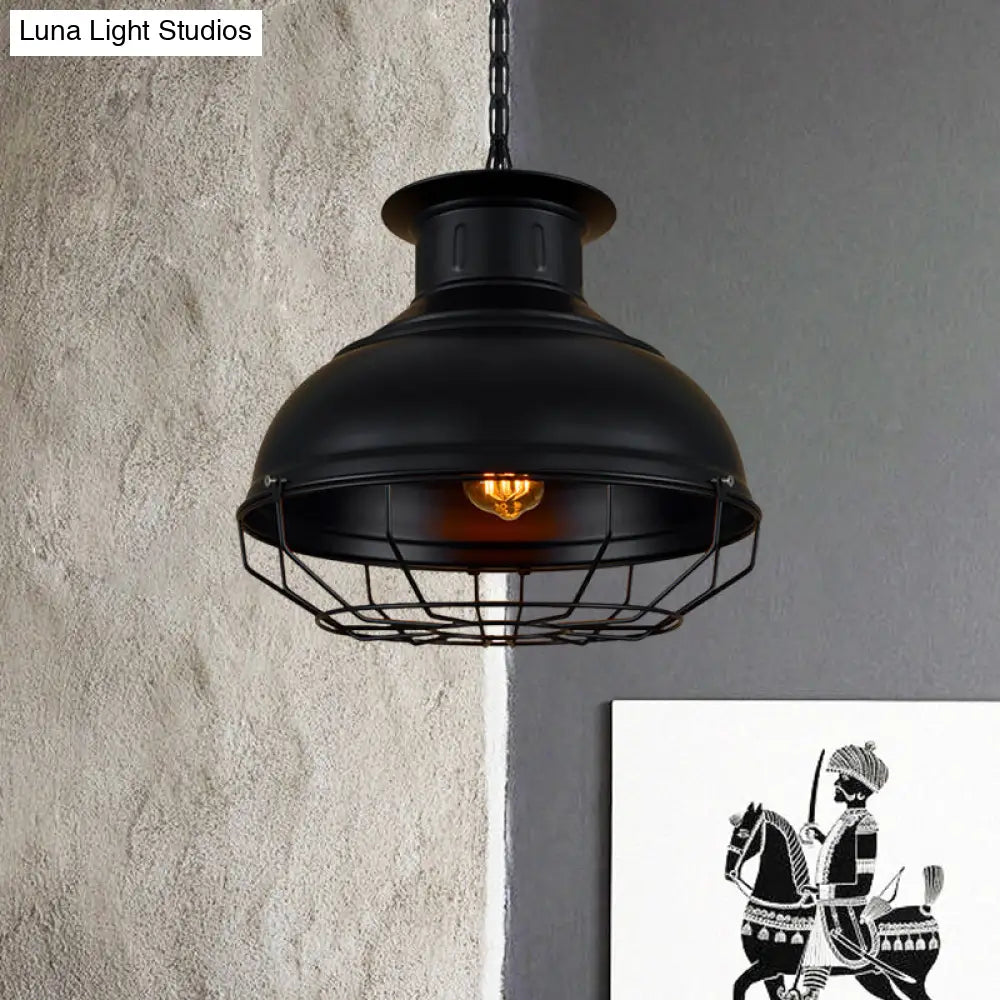 Vintage-Style Black/Rust Pendant Lamp With Wire Cage - Coffee Shop Light Fixture