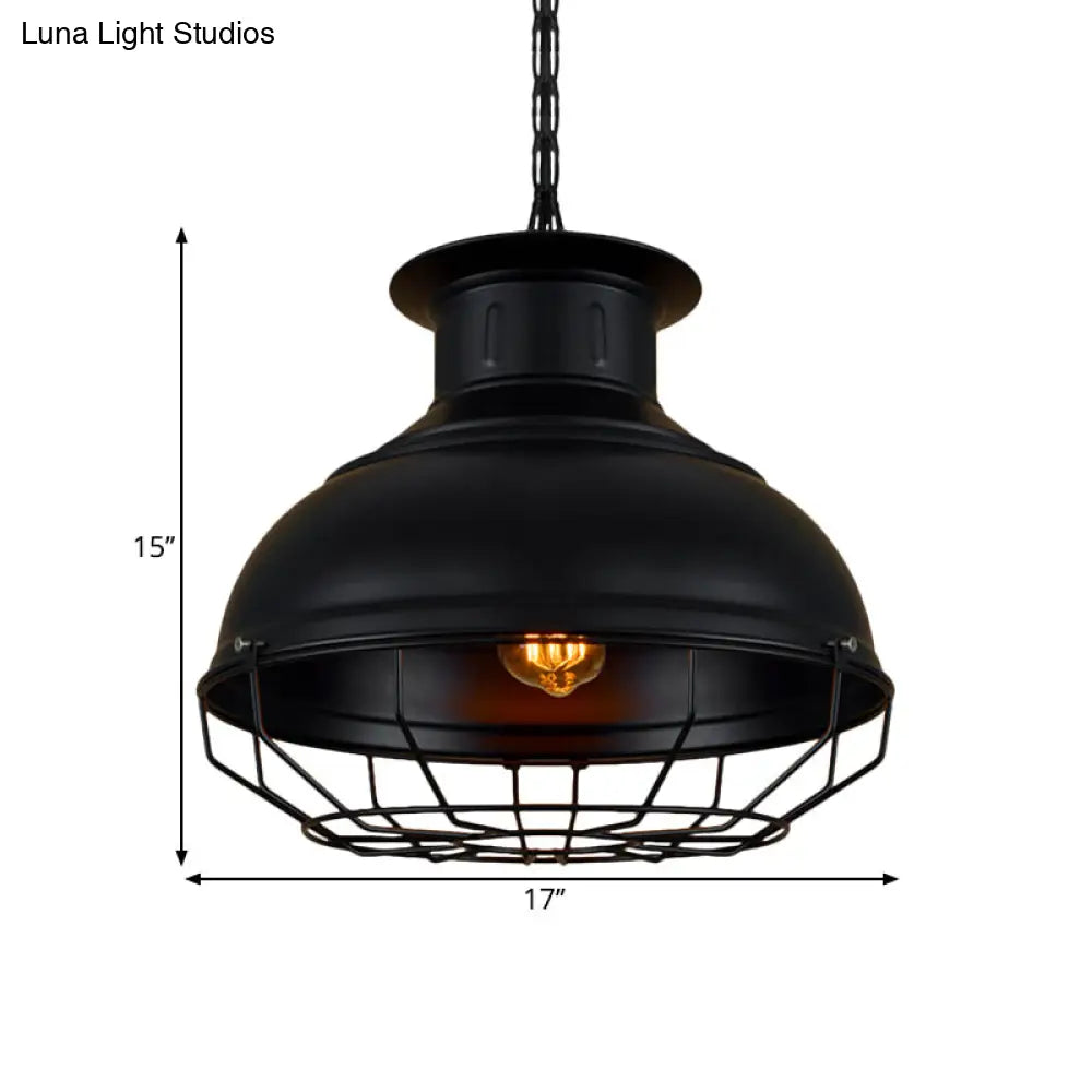 Vintage Style 1-Light Pendant Lamp: Black/Rust Bowl Shade With Wire Cage Coffee Shop Ceiling
