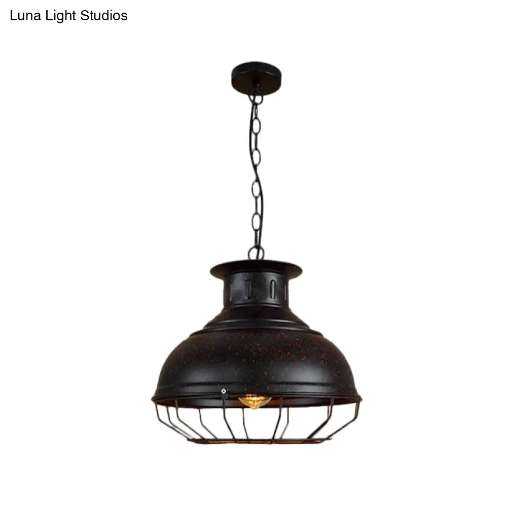 Vintage-Style Black/Rust Pendant Lamp With Wire Cage - Coffee Shop Light Fixture