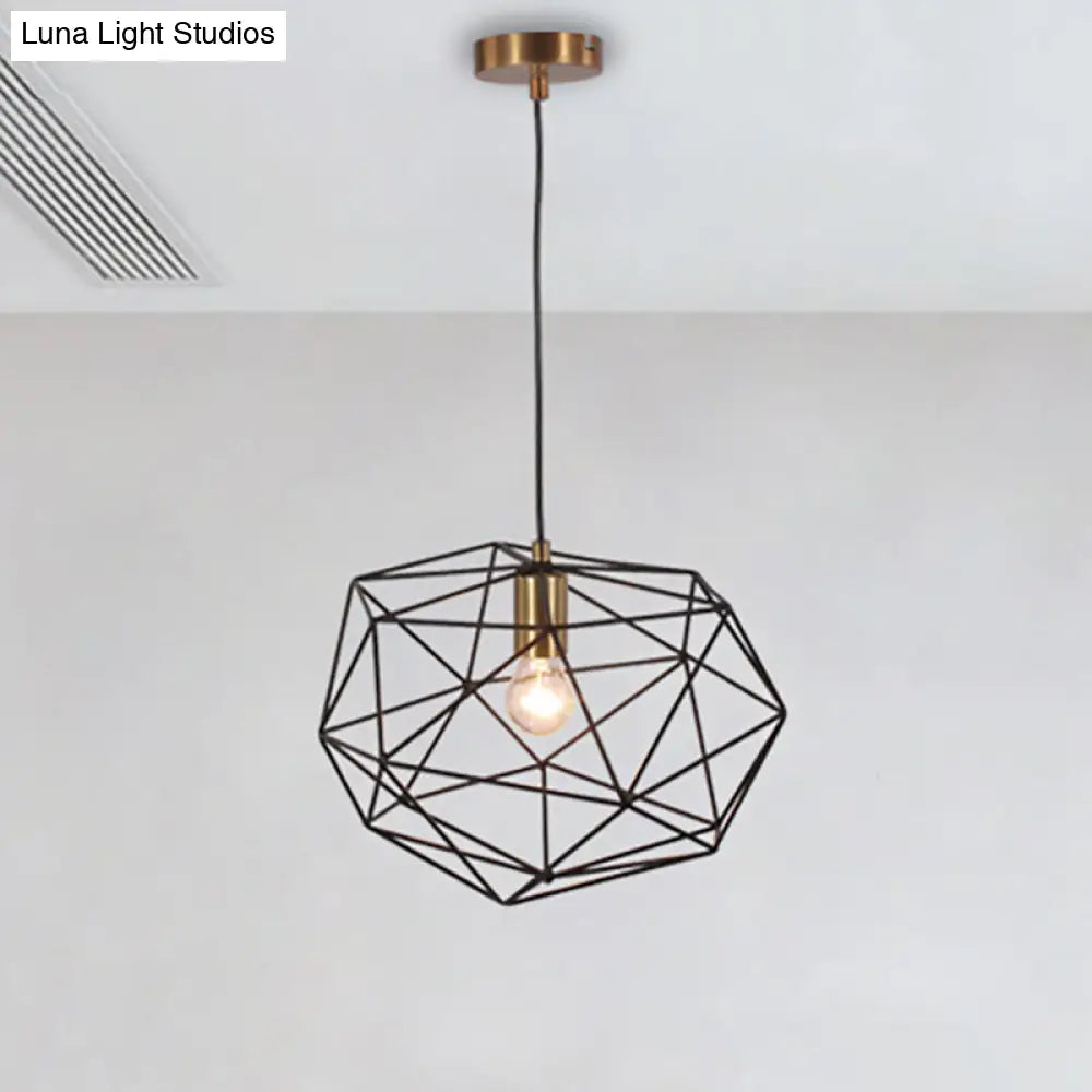 Black Vintage Style Wire Cage Pendant Lamp - 1-Light Metallic Hanging Fixture For Dining Room