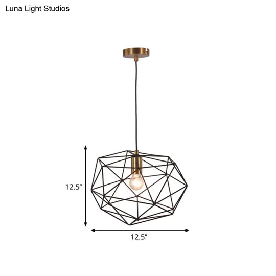 Black Vintage Style Wire Cage Pendant Lamp - 1-Light Metallic Hanging Fixture For Dining Room