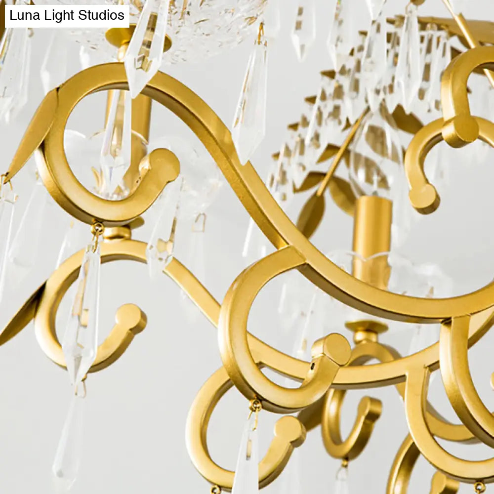 Vintage Style Branch Chandelier With Metal & Crystal Lights Leaf Design In Gold