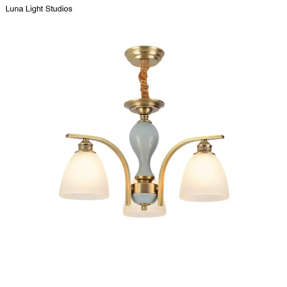 Vintage-Style Brass-Blue Ceramic Deco Chandelier With Frosted Glass - Elegant Hanging Light