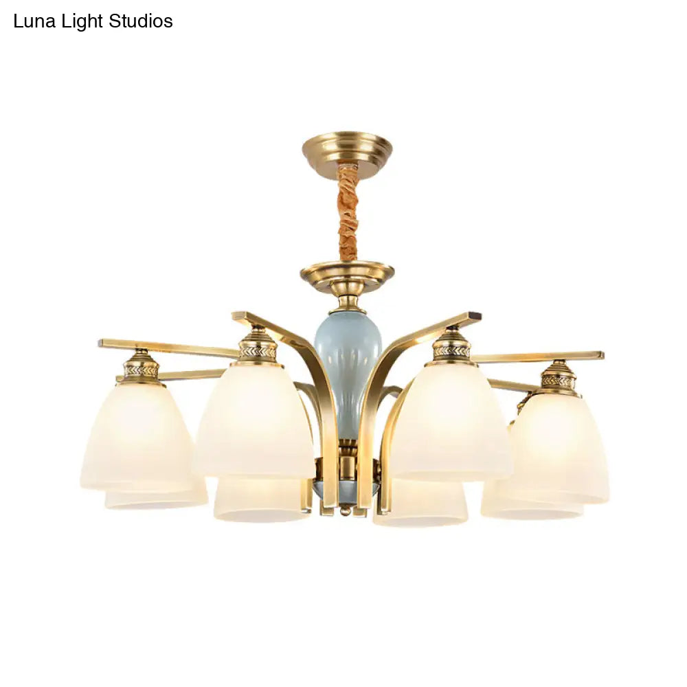 Vintage-Style Brass-Blue Ceramic Deco Chandelier With Frosted Glass - Elegant Hanging Light