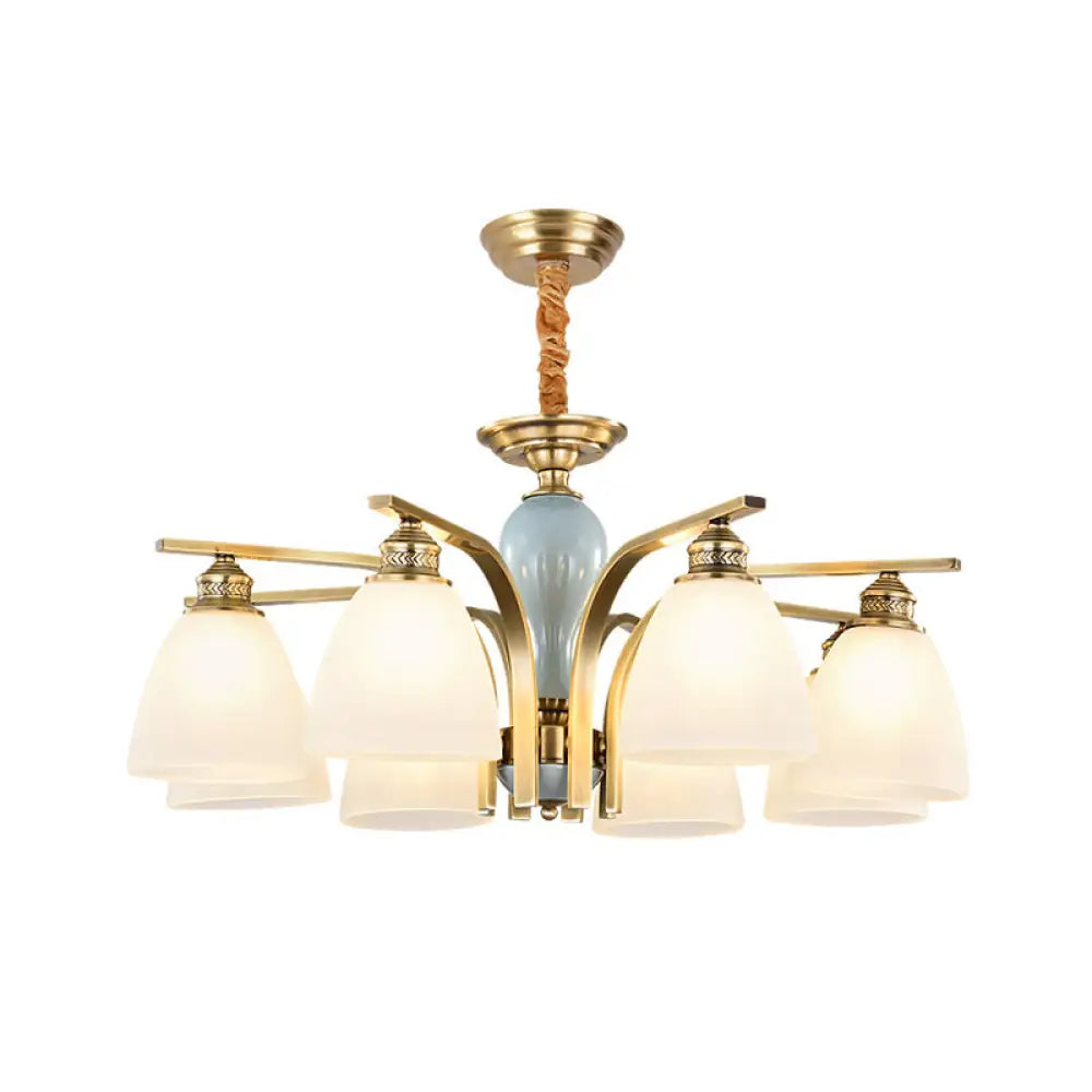 Vintage-Style Brass-Blue Ceramic Deco Chandelier With Frosted Glass - Elegant Hanging Light 8 /