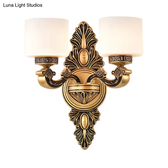 Vintage Style Brass Drum Wall Sconce With Opal Glass - 1/2-Head Living Room Lamp