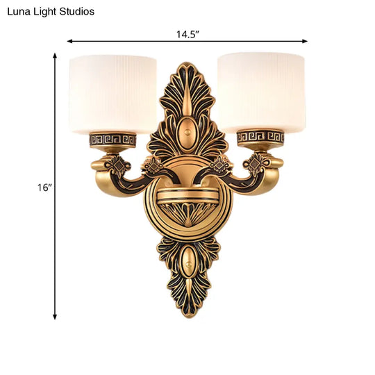 Vintage Style Brass Drum Wall Sconce With Opal Glass - 1/2-Head Living Room Lamp