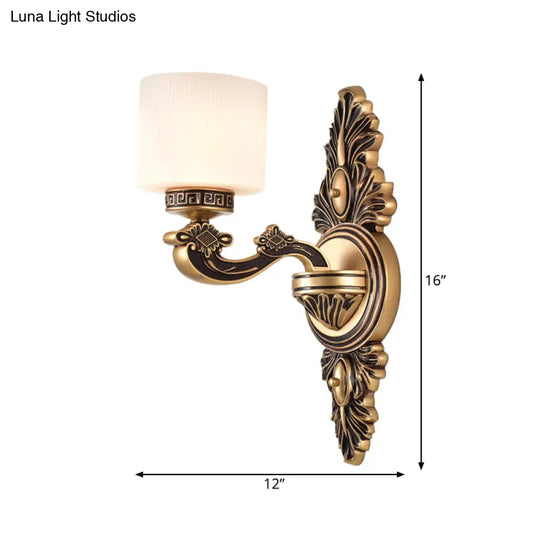 Vintage Style Brass Drum Wall Sconce With Opal Glass - 1/2-Head Living Room Lamp