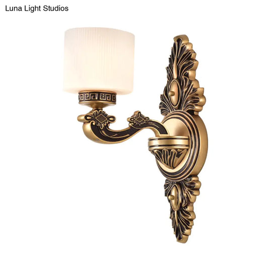 Vintage Style Brass Drum Wall Sconce With Opal Glass - 1/2-Head Living Room Lamp