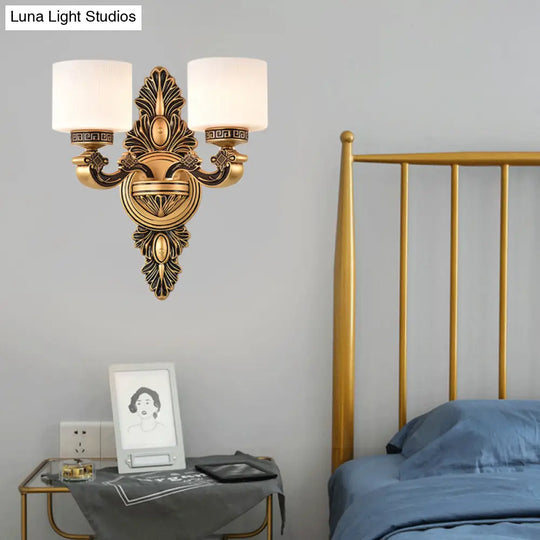 Vintage Style Brass Drum Wall Sconce With Opal Glass - 1/2-Head Living Room Lamp