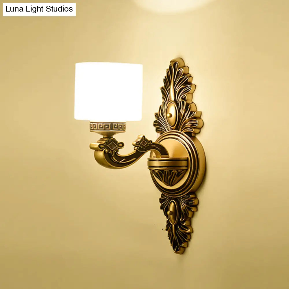 Vintage Style Brass Drum Wall Sconce With Opal Glass - 1/2-Head Living Room Lamp