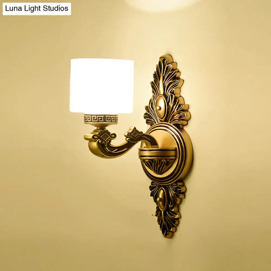 Vintage Style Brass Drum Wall Sconce With Opal Glass - 1/2-Head Living Room Lamp