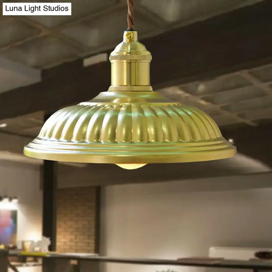 Vintage Style Brass Hanging Lamp With Ridged Bowl Shade - Metal 1 Head Pendant Light For Dining