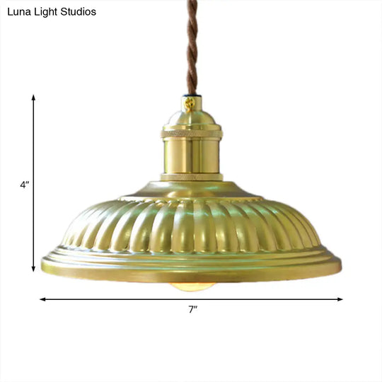 Vintage Style Brass Hanging Lamp With Ridged Bowl Shade - Metal 1 Head Pendant Light For Dining